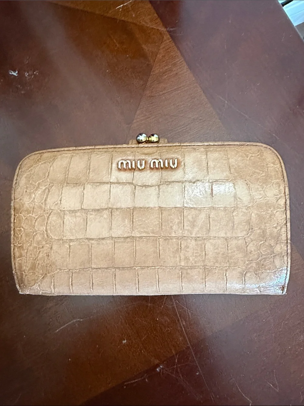 Miu Miu Tan Croc-Embossed Kiss Lock Women's Wallet - Classic Snap Closure